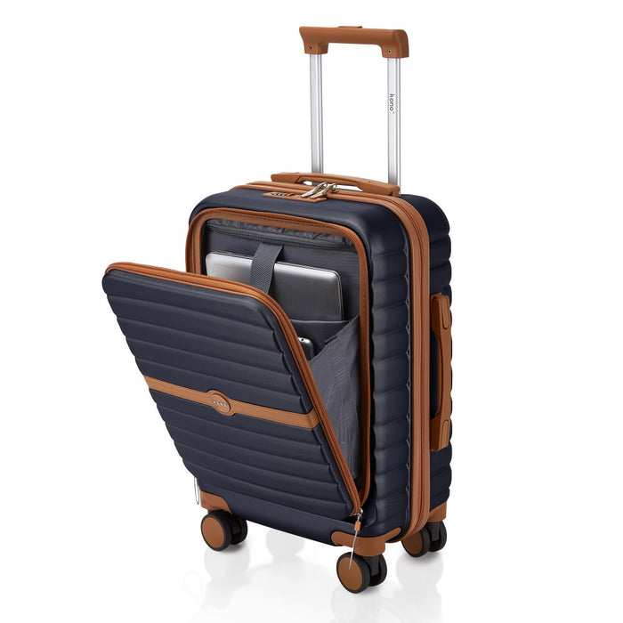 KSK2592 - Kono 21-Inch Front-Opening Cabin Suitcase with 15.6-Inch Laptop Compartment - Navy and Brown