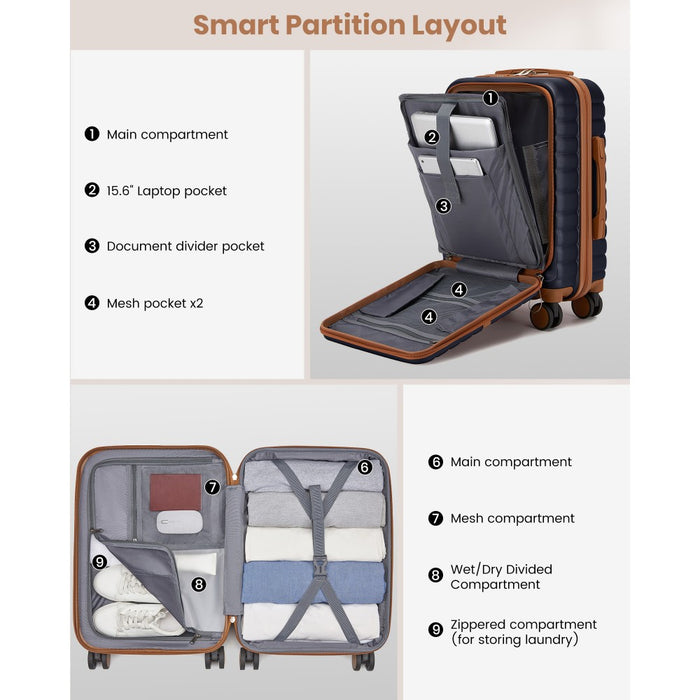 KSK2592 - Kono 21-Inch Front-Opening Cabin Suitcase with 15.6-Inch Laptop Compartment - Navy and Brown