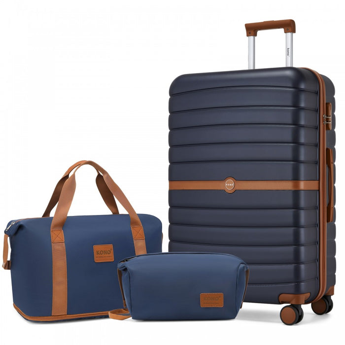 KSK2592+EA2212 - Kono 28 Inch Large ABS+PC Hard Shell Suitcase Set with Travel Bag & Toiletry Pouch - Navy and Brown
