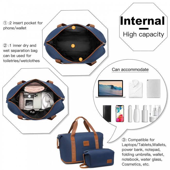 KSK2592+EA2212 - Kono 3‑Piece ABS+PC Suitcase Set with Travel Bag & Toiletry Pouch - Navy and Brown