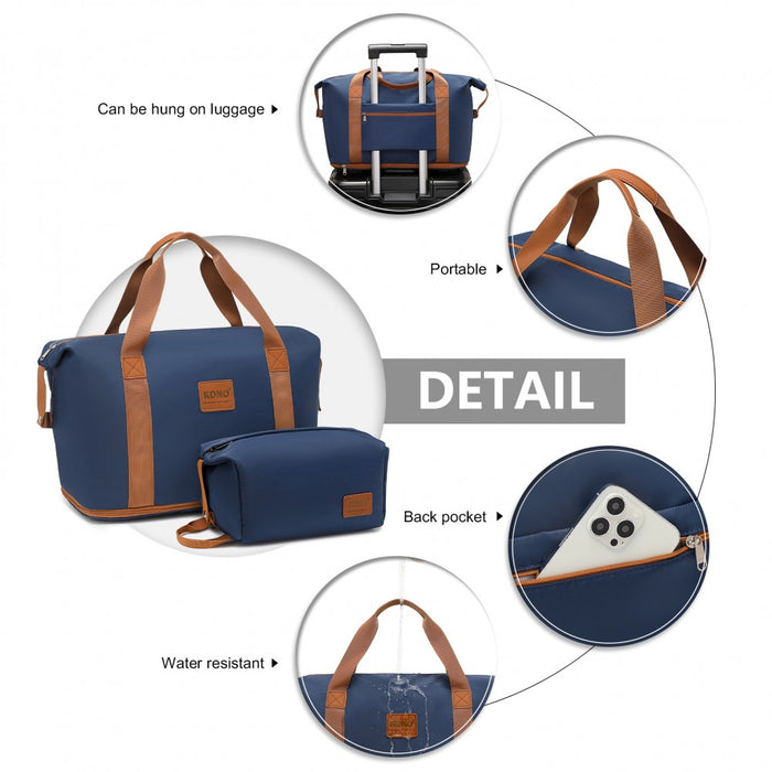 KSK2592+EA2212 - Kono 3‑Piece ABS+PC Suitcase Set with Travel Bag & Toiletry Pouch - Navy and Brown