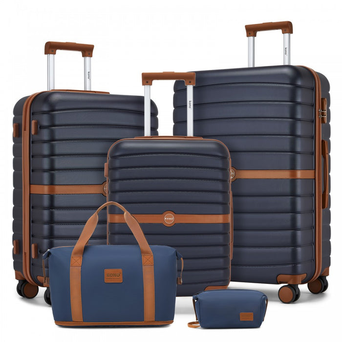 KSK2592+EA2212 - Kono 3‑Piece ABS+PC Suitcase Set with Travel Bag & Toiletry Pouch - Navy and Brown
