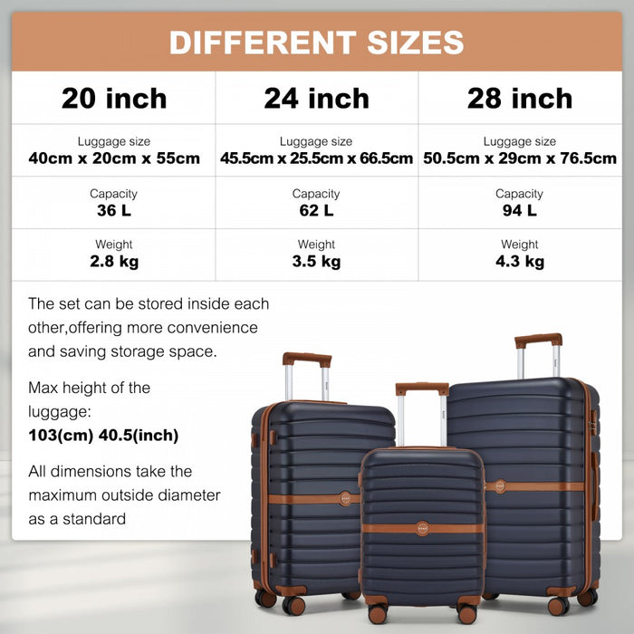 KSK2592+EA2212 - Kono 3‑Piece ABS+PC Suitcase Set with Travel Bag & Toiletry Pouch - Navy and Brown