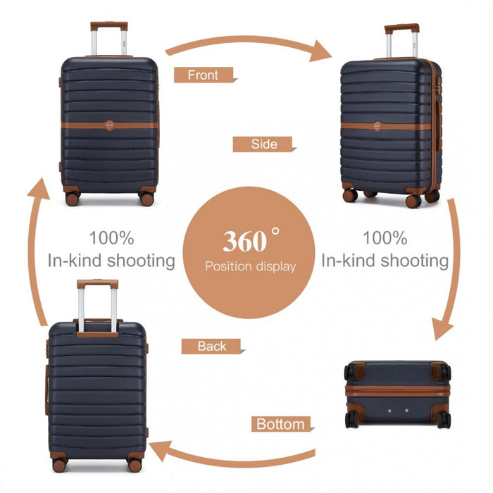 KSK2592 - Kono ABS+PC 20-Inch Striped Design with Colour-Block Details Carry-On Cabin Suitcase with Silent Spinner Wheels - Navy and Brown