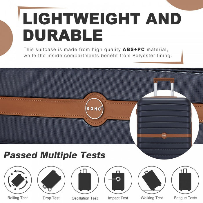 KSK2592 - Kono ABS+PC 20-Inch Striped Design with Colour-Block Details Carry-On Cabin Suitcase with Silent Spinner Wheels - Navy and Brown