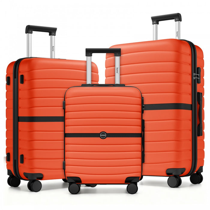 KSK2592 - Kono ABS+PC Striped Design with Colour-Block Details 3-Piece Hardshell Luggage Set with Spinner Wheels - Orange And Black