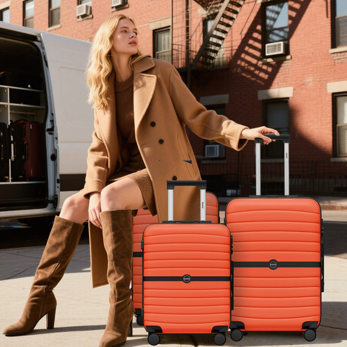 KSK2592 - Kono ABS+PC Striped Design with Colour-Block Details 3-Piece Hardshell Luggage Set with Spinner Wheels - Orange And Black