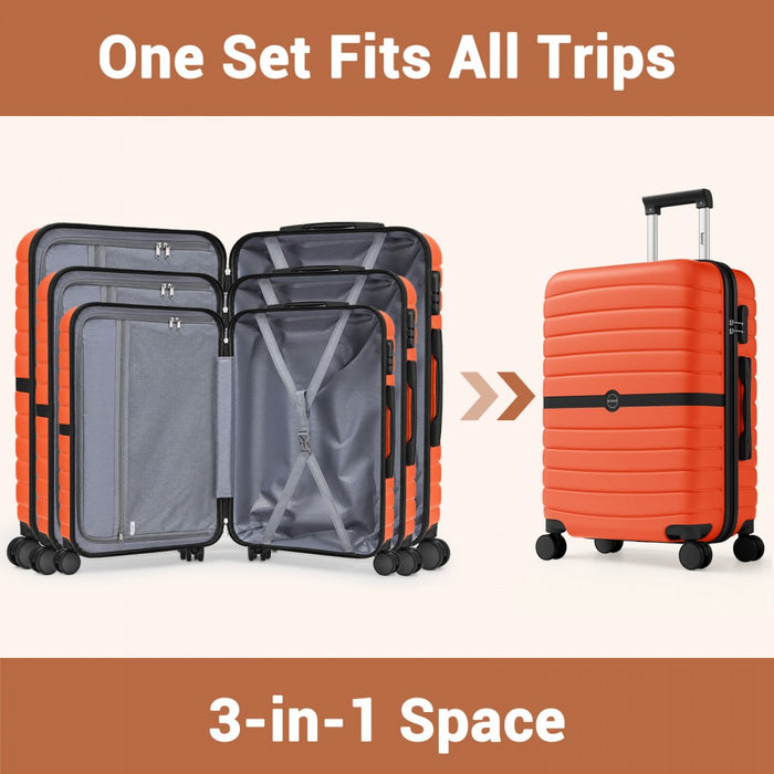 KSK2592 - Kono ABS+PC Striped Design with Colour-Block Details 3-Piece Hardshell Luggage Set with Spinner Wheels - Orange And Black