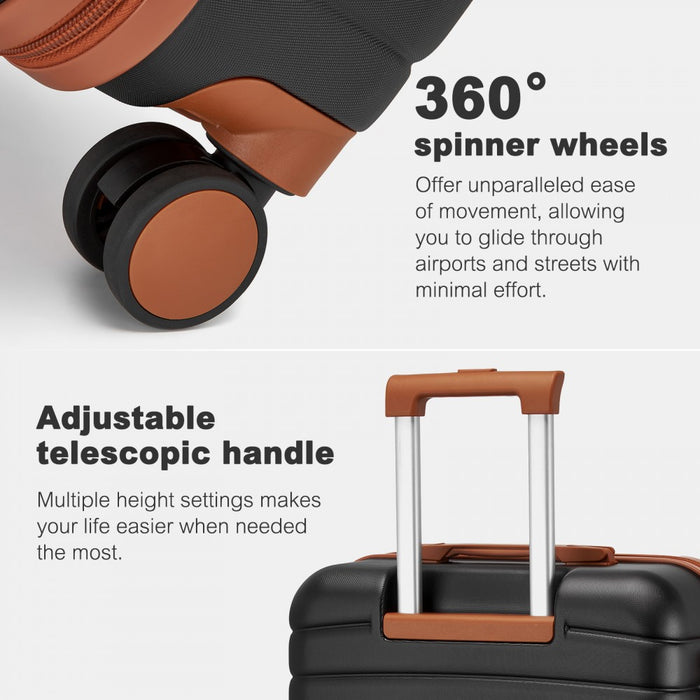 KSK2592+EA2212 - Kono 3‑Piece ABS+PC Suitcase Set with Travel Bag & Toiletry Pouch - Black and Brown