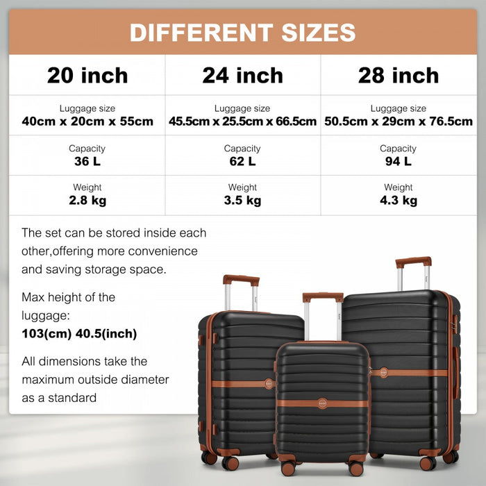 KSK2592+EA2212 - Kono 3‑Piece ABS+PC Suitcase Set with Travel Bag & Toiletry Pouch - Black and Brown