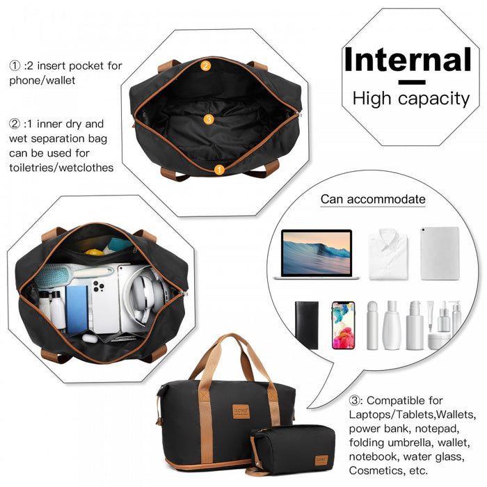 KSK2592+EA2212 - Kono 3‑Piece ABS+PC Suitcase Set with Travel Bag & Toiletry Pouch - Black and Brown