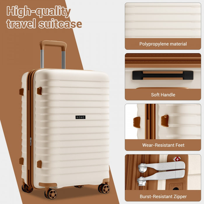 KSK2595 - Kono 20/24/28inch Hard Shell Scratch-Resistant PP Luggage Set with Cup Holder, TSA Lock & Expandable Design-Check-in Luggage For Travel - Beige and Brown
