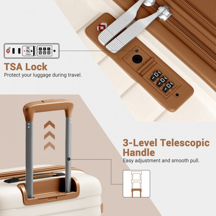 KSK2595 - Kono 20/24/28inch Hard Shell Scratch-Resistant PP Luggage Set with Cup Holder, TSA Lock & Expandable Design-Check-in Luggage For Travel - Beige and Brown