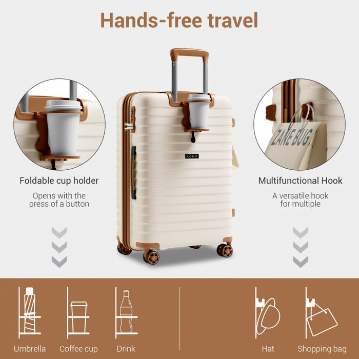 KSK2595 - Kono 20/24/28inch Hard Shell Scratch-Resistant PP Luggage Set with Cup Holder, TSA Lock & Expandable Design-Check-in Luggage For Travel - Beige and Brown