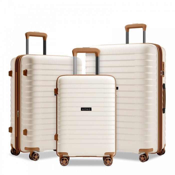 KSK2595 - Kono 20/24/28inch Hard Shell Scratch-Resistant PP Luggage Set with Cup Holder, TSA Lock & Expandable Design-Check-in Luggage For Travel - Beige and Brown