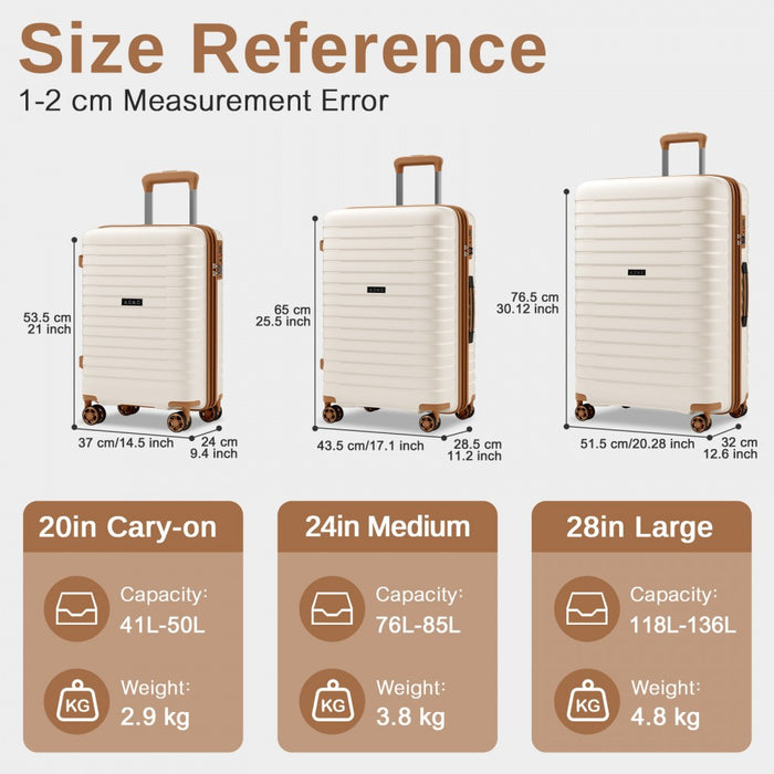 KSK2595 - Kono 20/24/28inch Hard Shell Scratch-Resistant PP Luggage Set with Cup Holder, TSA Lock & Expandable Design-Check-in Luggage For Travel - Beige and Brown
