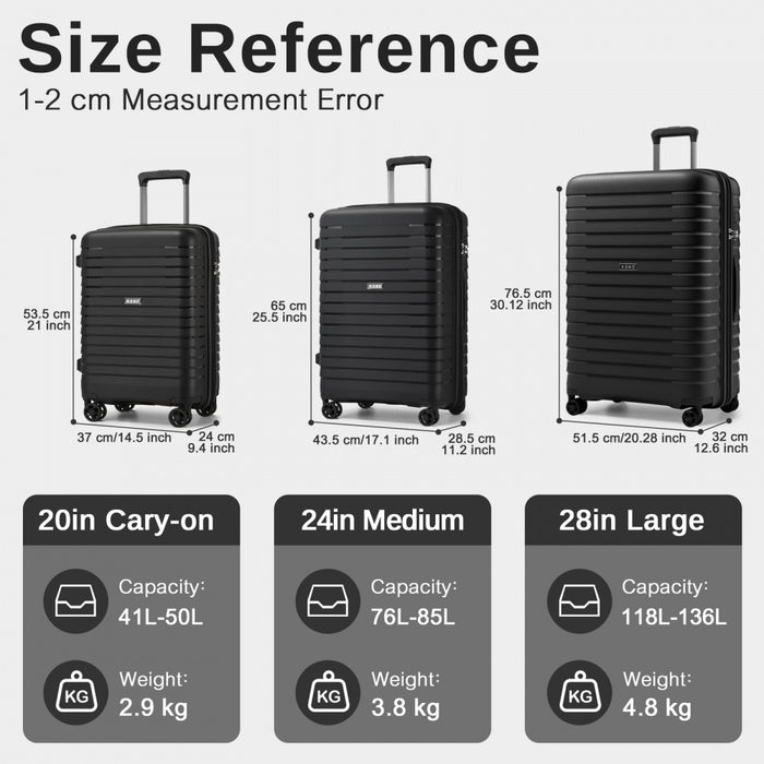 KSK2595 - Kono 20/24/28inch Hard Shell Scratch-Resistant PP Luggage Set with Cup Holder, TSA Lock & Expandable Design-Check-in Luggage For Travel - Black