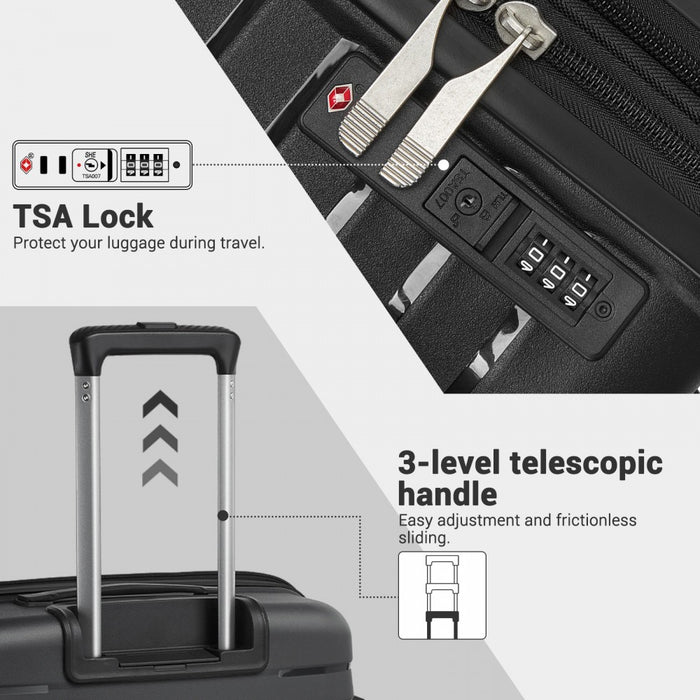 KSK2595 - Kono 20/24/28inch Hard Shell Scratch-Resistant PP Luggage Set with Cup Holder, TSA Lock & Expandable Design-Check-in Luggage For Travel - Black