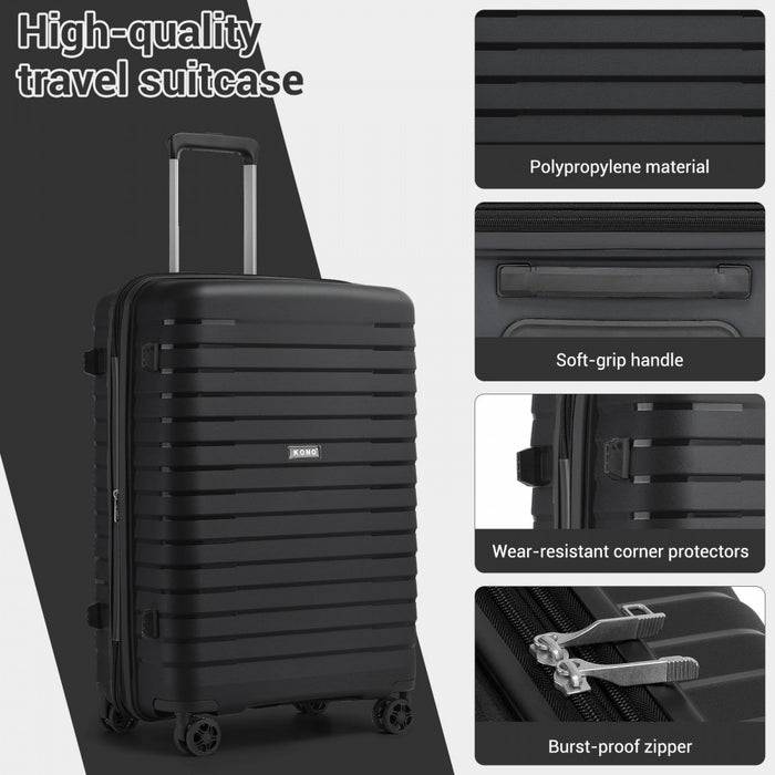 KSK2595 - Kono 20/24/28inch Hard Shell Scratch-Resistant PP Luggage Set with Cup Holder, TSA Lock & Expandable Design-Check-in Luggage For Travel - Black