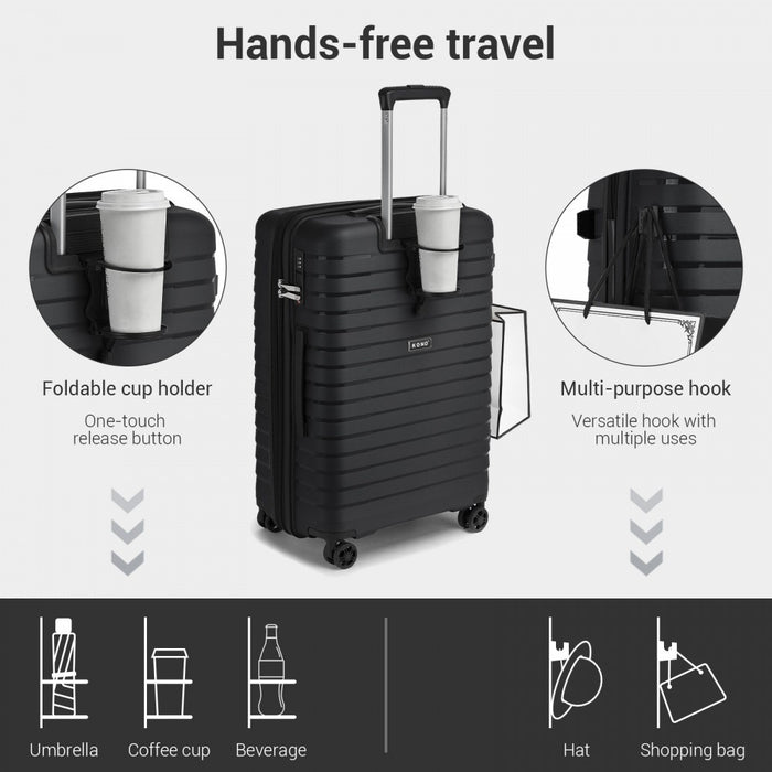 KSK2595 - Kono 20/24/28inch Hard Shell Scratch-Resistant PP Luggage Set with Cup Holder, TSA Lock & Expandable Design-Check-in Luggage For Travel - Black