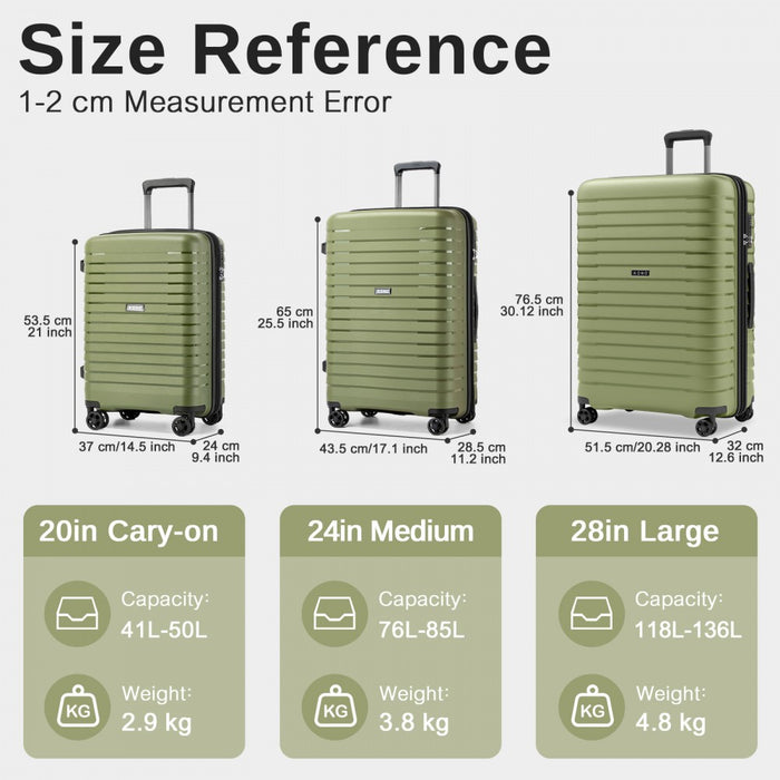 KSK2595 - Kono 20/24/28inch Hard Shell Scratch-Resistant PP Luggage Set with Cup Holder, TSA Lock & Expandable Design-Check-in Luggage For Travel - Green