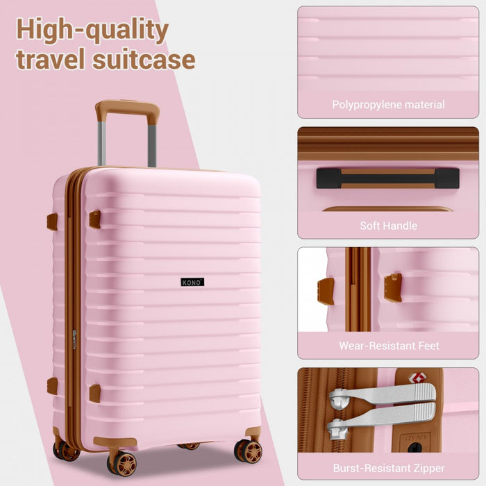 KSK2595 - Kono 20/24/28inch Hard Shell Scratch-Resistant PP Luggage Set with Cup Holder, TSA Lock & Expandable Design-Check-in Luggage For Travel - Pink and Brown