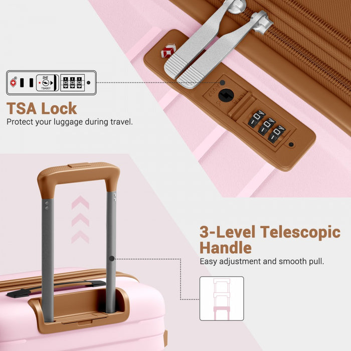 KSK2595 - Kono 20/24/28inch Hard Shell Scratch-Resistant PP Luggage Set with Cup Holder, TSA Lock & Expandable Design-Check-in Luggage For Travel - Pink and Brown