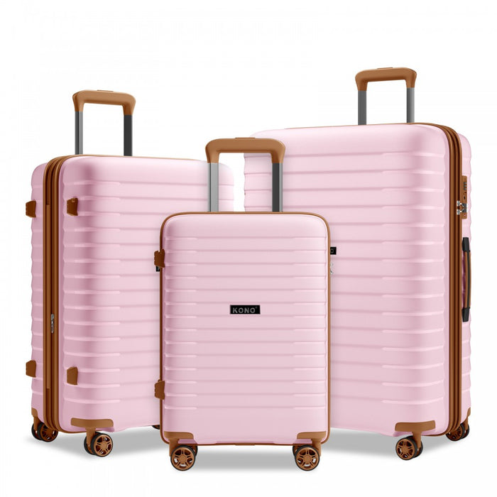 KSK2595 - Kono 20/24/28inch Hard Shell Scratch-Resistant PP Luggage Set with Cup Holder, TSA Lock & Expandable Design-Check-in Luggage For Travel - Pink and Brown