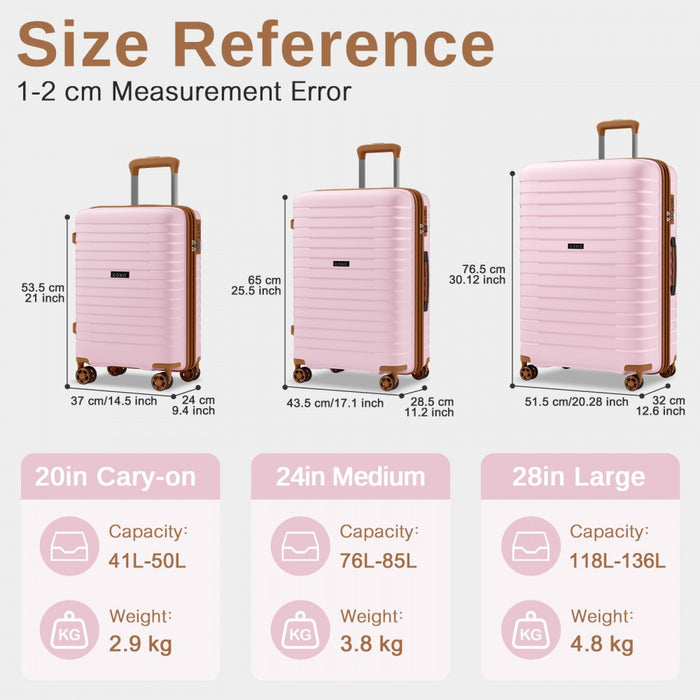 KSK2595 - Kono 20/24/28inch Hard Shell Scratch-Resistant PP Luggage Set with Cup Holder, TSA Lock & Expandable Design-Check-in Luggage For Travel - Pink and Brown