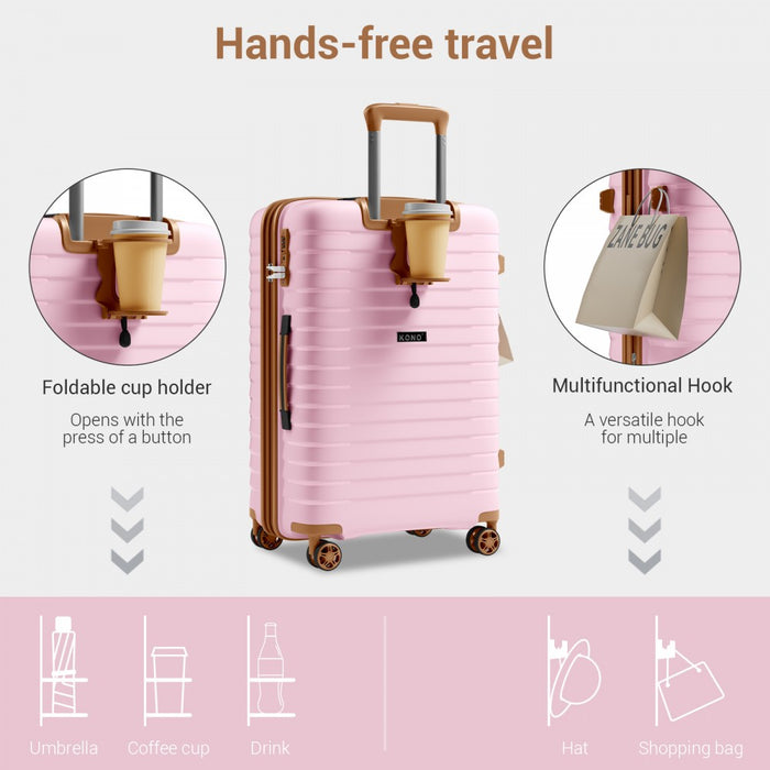 KSK2595 - Kono 20/24/28inch Hard Shell Scratch-Resistant PP Luggage Set with Cup Holder, TSA Lock & Expandable Design-Check-in Luggage For Travel - Pink and Brown