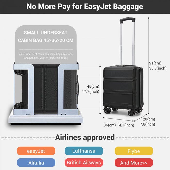 KSK2596 - Kono 16 Inch ABS Hard Shell Under-Seat Cabin Suitcase with Spinner Wheels - Black