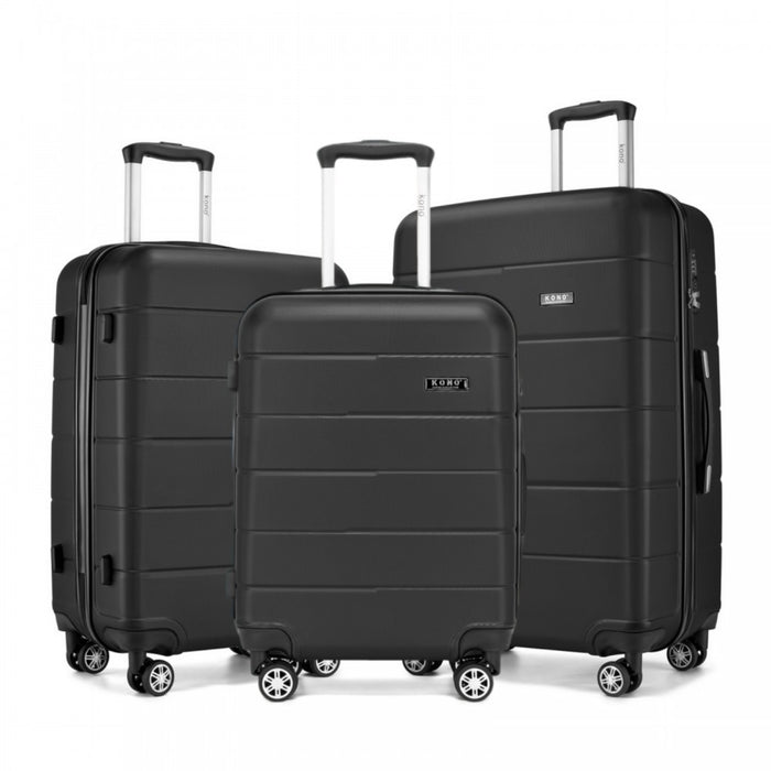 KSK2694 - Kono 20/24/28 Inch PC Hard Shell Suitcase Set, Lightweight Luggage with Silent Wheels & Organised Interior - Black