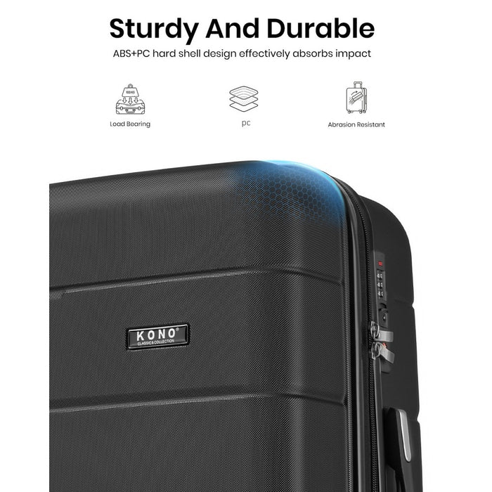 KSK2694 - Kono 20 Inch PC Hard Shell Suitcase, Carry-On Luggage with Silent Wheels & Organised Interior - Black