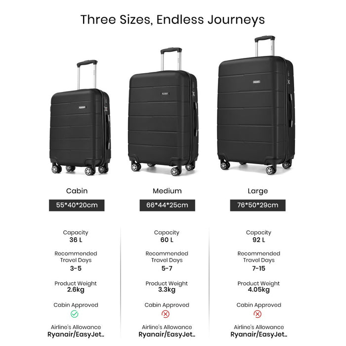 KSK2694 - Kono 20/24/28 Inch PC Hard Shell Suitcase Set, Lightweight Luggage with Silent Wheels & Organised Interior - Black