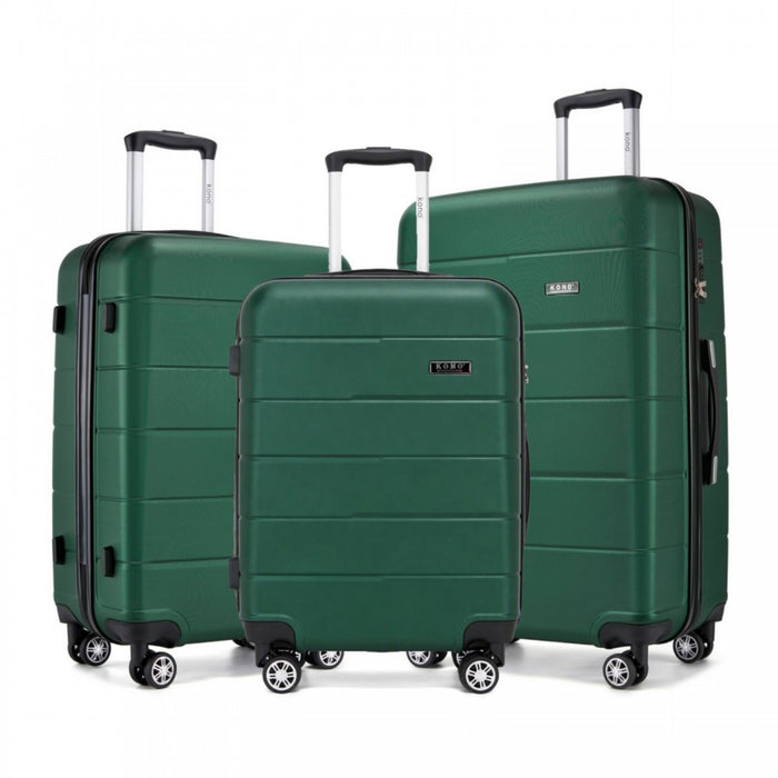 KSK2694 - Kono 20/24/28 Inch PC Hard Shell Suitcase Set, Lightweight Luggage with Silent Wheels & Organised Interior - Green And Black
