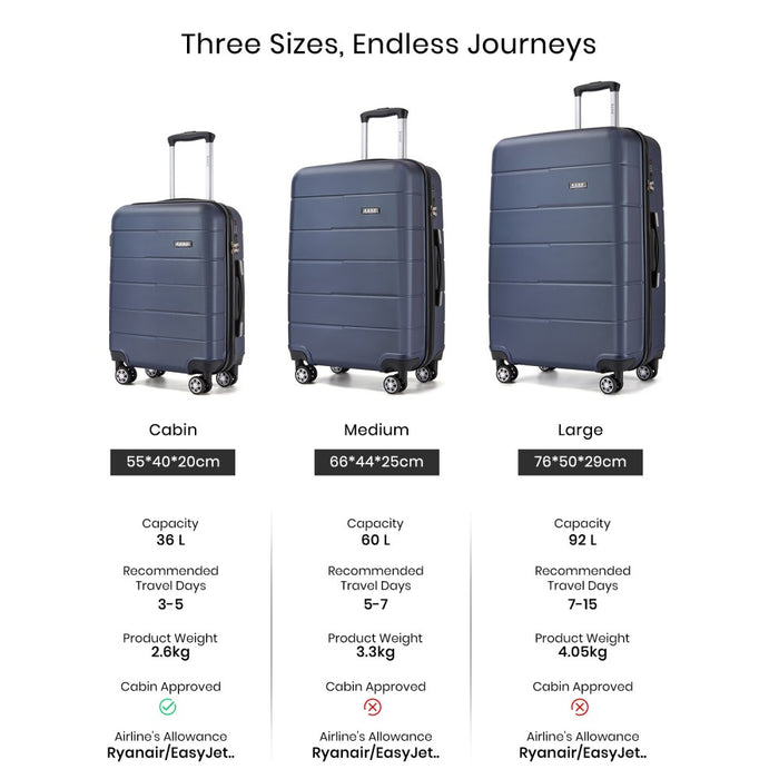 KSK2694 - Kono 20 Inch PC Hard Shell Suitcase, Carry-On Luggage with Silent Wheels & Organised Interior - Navy And Black