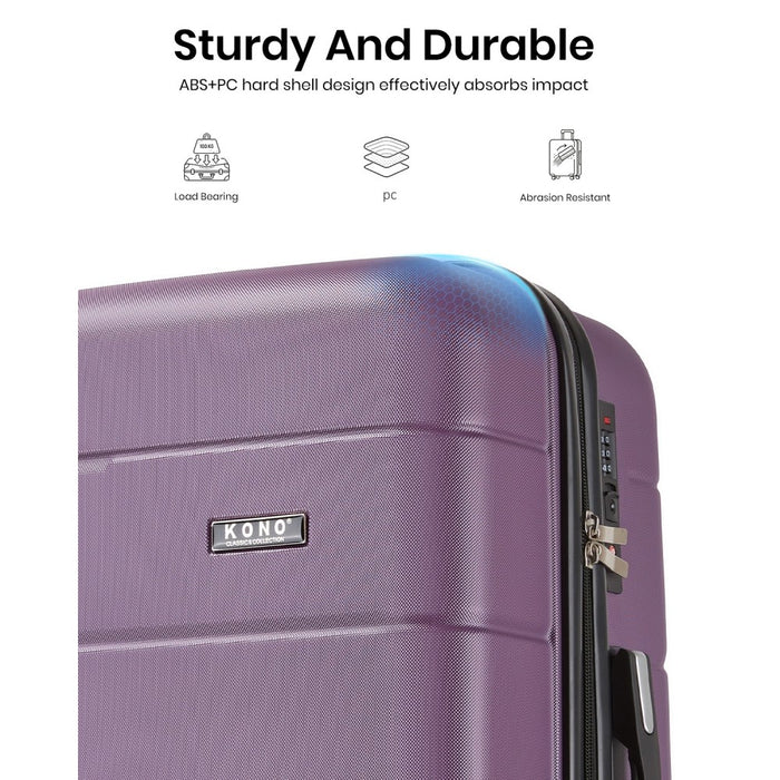 KSK2694 - Kono 20/24/28 Inch PC Hard Shell Suitcase Set, Lightweight Luggage with Silent Wheels & Organised Interior - Purple And Black