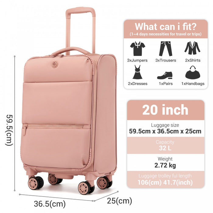KSN2593 - 20 inch Women's Lightweight Softshell Suitcase with Spinner Wheels and Spacious Compartments - Pink