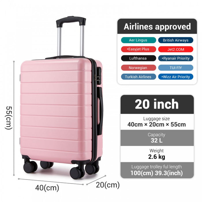 KSN2691 - 20 Inch Carry-On Luggage, Lightweight ABS Hard Shell Suitcase with 360 Silent Wheels, Combination Lock & Organised Interior - Pink