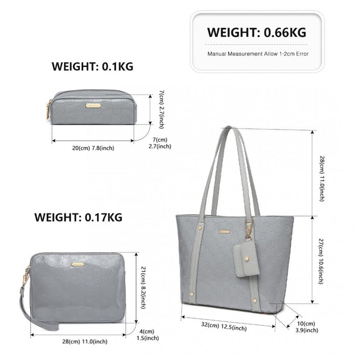 LD2217 - Miss Lulu 4 Pieces Glossy Leather Tote Bag Set - Grey
