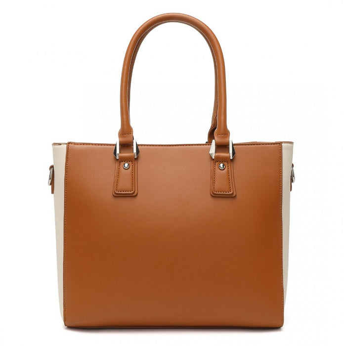 LG1641 - Miss Lulu Leather Look V-Shape Shoulder Handbag - Brown And Beige