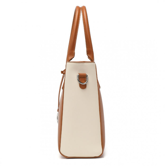 LG1641 - Miss Lulu Leather Look V-Shape Shoulder Handbag - Brown And Beige