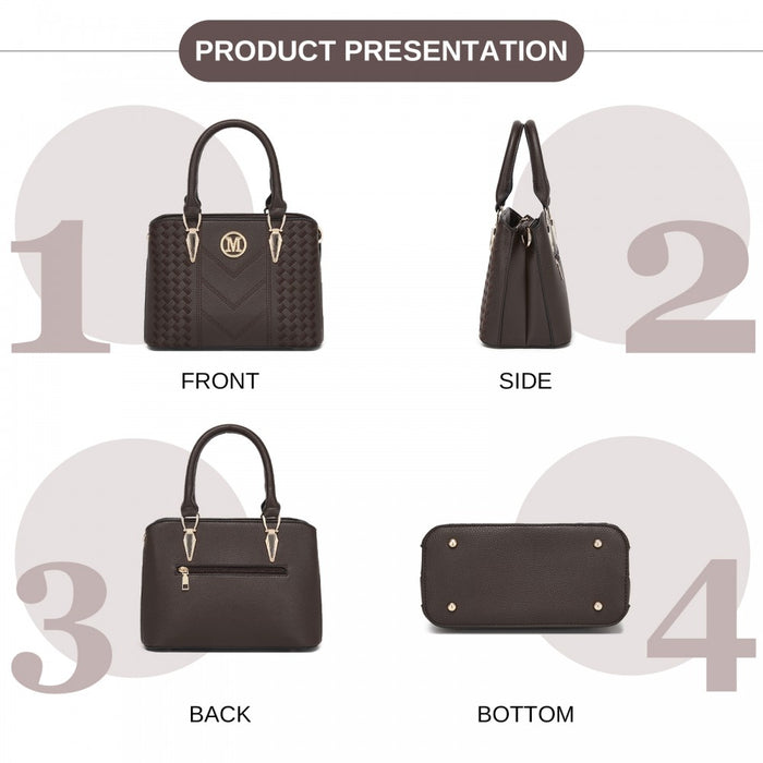 LG6865 - Miss Lulu Leather Look Weave Effect Shoulder Bag - Coffee