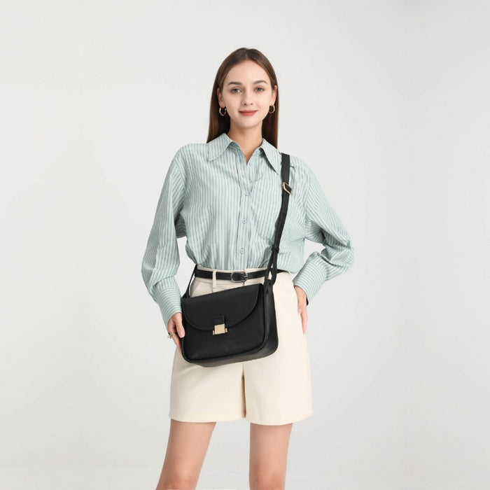 LH2109 - Miss Lulu Fashion Leather Commute Flap Small Square Bag - Black