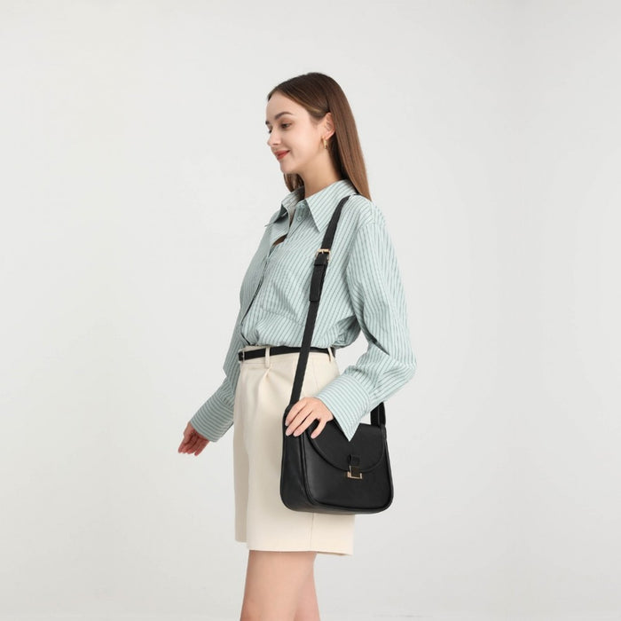 LH2109 - Miss Lulu Fashion Leather Commute Flap Small Square Bag - Black