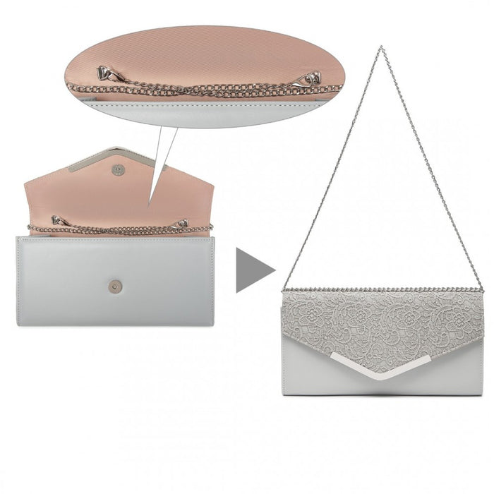LP2312 - Miss Lulu Lace Envelope Flap Clutch Evening Bag - Grey