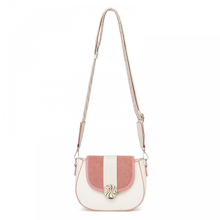 MSM2506 - Miss Lulu Women’s PU Leather Ethnic Style Crossbody Bag with Corduroy Flap and Adjustable Strap - Pink and Beige