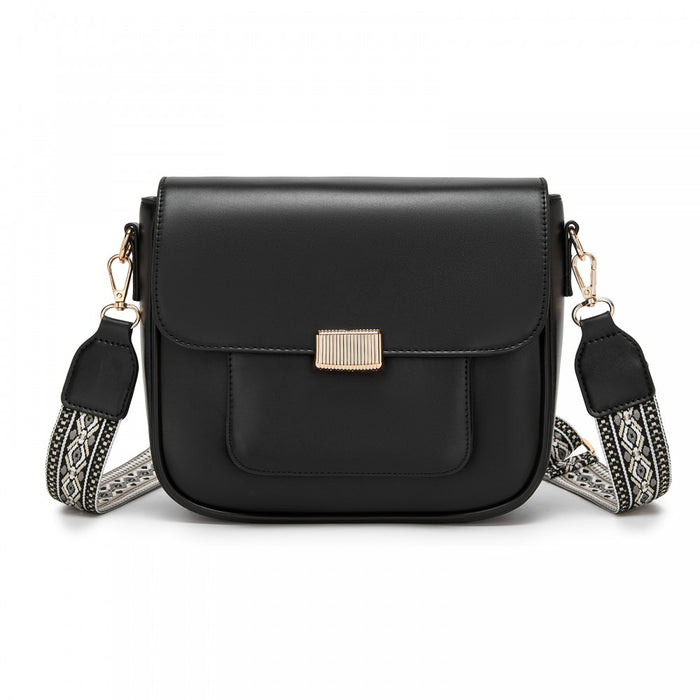 MSM2513 - Miss Lulu Chic Fashion PU Crossbody Shoulder Bag with Detachable Woven Strap for Women - Black