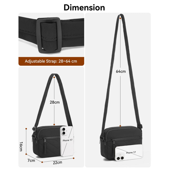 MSM2619 - Miss Lulu Women’s Crossbody Bag, Multi‑Zip Pockets Compact Daily Shoulder Bag - Black