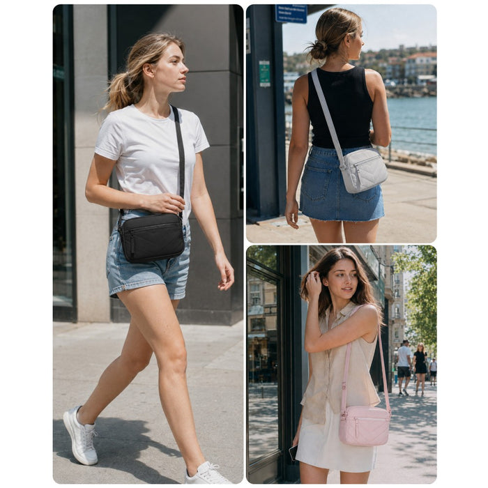 MSM2619 - Miss Lulu Women’s Crossbody Bag, Multi‑Zip Pockets Compact Daily Shoulder Bag - Light Grey